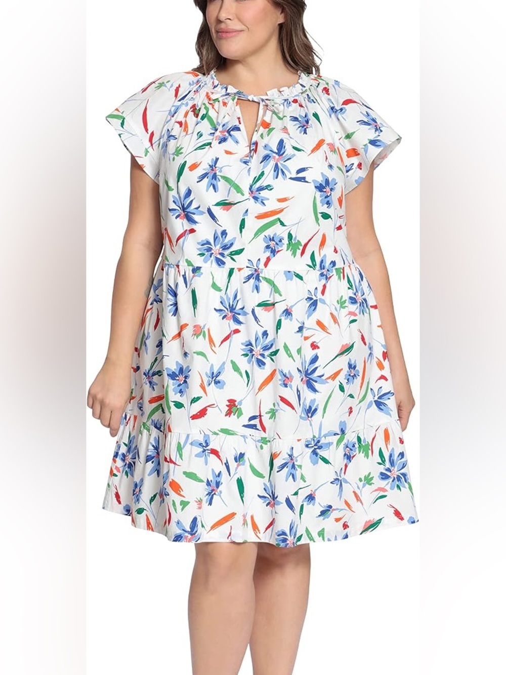 Maggy London White Floral Tiered Dress with Blue, Green & Orange Prints